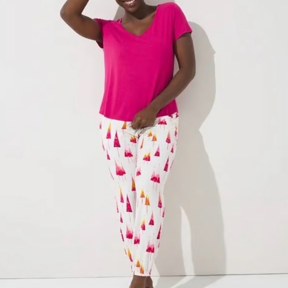 Soma Magenta & White Cool Nights Banded Bottom Pajama Set Christmas Trees Large